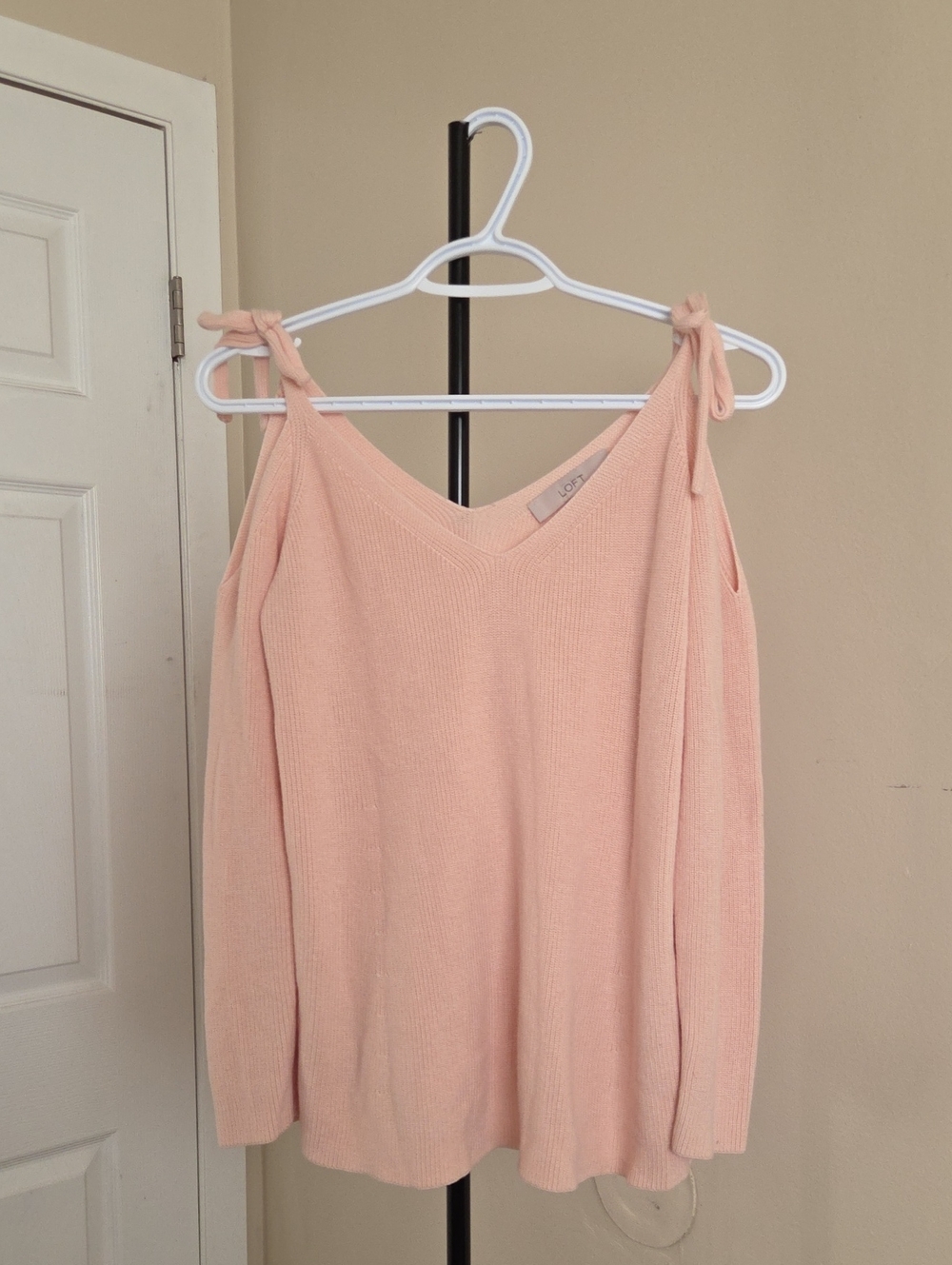 LOFT Cotton Blend Blush Pink Cold-Shoulder Tie-Shoulder Knit Top